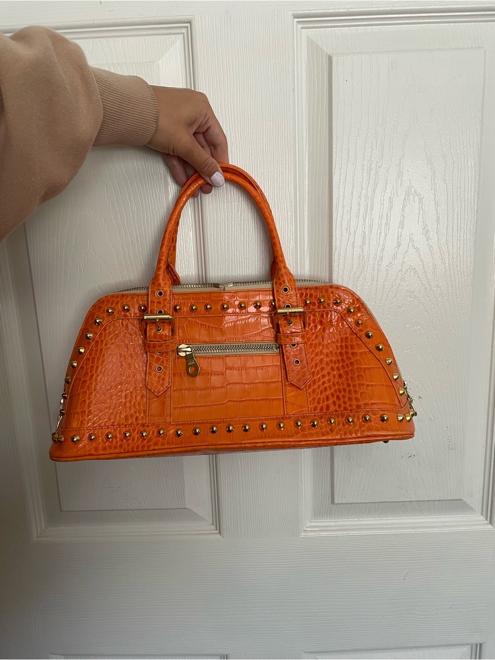 Jennifer Scott Orange Studded Handbag Purse 14x6.5x5 inch
